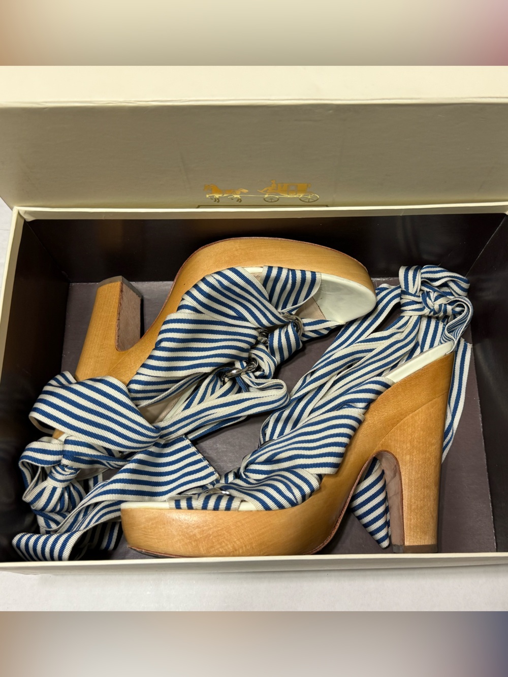 Coach Blue & White Striped ankle wrap Platform Wedges size 7.5